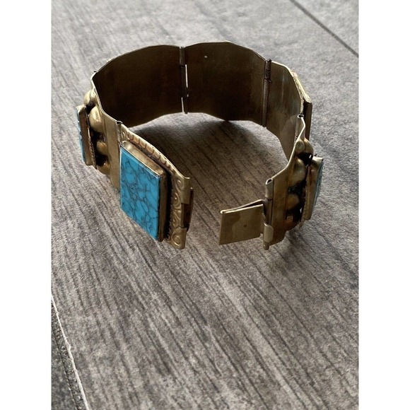 Mexico Bracelet Artisan Vintage Turquoise Like Pottery Inserts Brass 7” - Picture 3 of 16